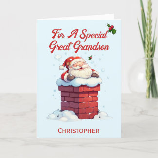 Jolly Santa in Chimney Great Grandson Christmas Holiday Card