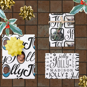 JOLLY Script Black On White 4 Photo Christmas Wrapping Paper Sheet