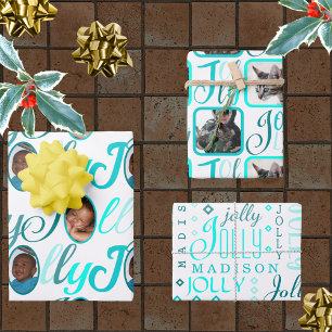 JOLLY Script Turquoise On White 4 Photo Christmas Wrapping Paper Sheet