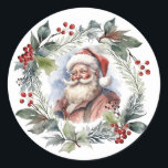 Jolly Smiling Santa Watercolor Christmas Wreath Classic Round Sticker<br><div class="desc">Nostalgic vintage-inspired portrait of smiling St. Nicholas surrounded by a festive watercolor style Christmas wreath with evergreens,  foliage and red berries.</div>