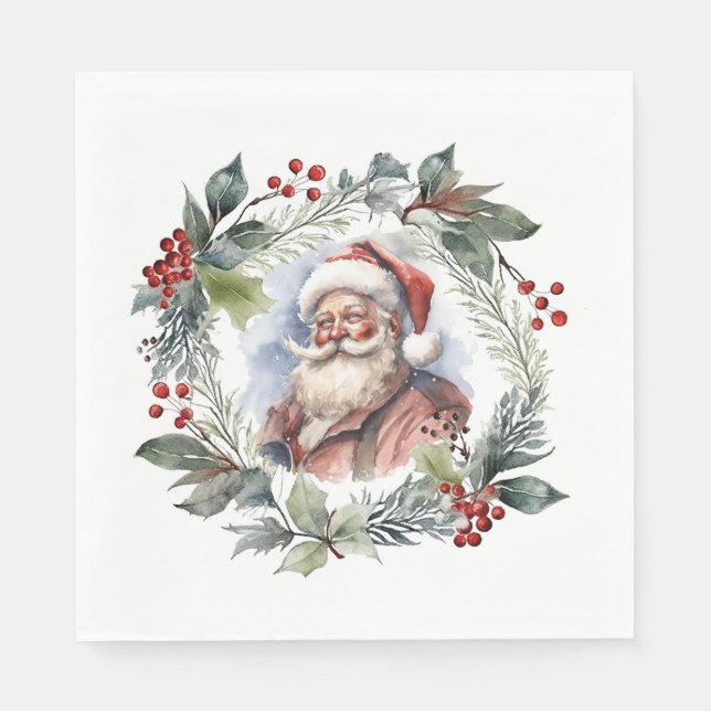 Jolly Smiling Santa Watercolor Christmas Wreath Napkin (Front)