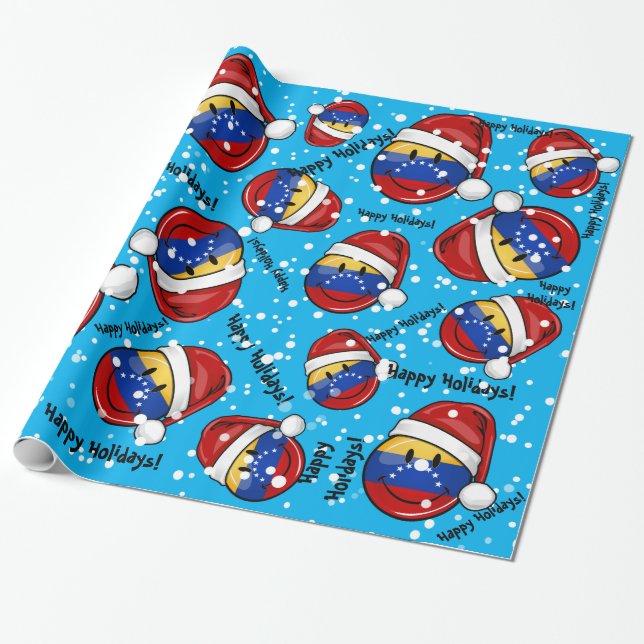 Jolly Smiling Venezuelan Flag Christmas Wrapping Paper (Unrolled)