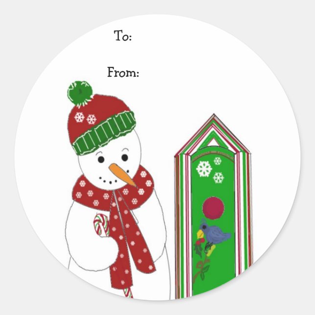 Jolly Snowman and Bird House Classic Round Sticker (Front)