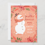 Jolly Snowman Christmas - Warm Wishes Holiday Card<br><div class="desc">Spread holiday cheer with this delightful design featuring a joyful snowman tipping his hat, surrounded by festive foliage and a sweet little bird. With a warm, peach-toned background and a playful message of "Merry Christmas and a Happy New Year, " this card brings a touch of magic and charm to...</div>