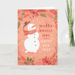 Jolly Snowman Christmas - Warm Wishes Holiday Card<br><div class="desc">Spread holiday cheer with this delightful design featuring a joyful snowman tipping his hat, surrounded by festive foliage and a sweet little bird. With a warm, peach-toned background and a playful message of "Merry Christmas and a Happy New Year, " this card brings a touch of magic and charm to...</div>