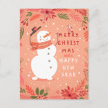 Jolly Snowman Christmas - Warm Wishes Holiday Postcard<br><div class="desc">Spread holiday cheer with this delightful design featuring a joyful snowman tipping his hat, surrounded by festive foliage and a sweet little bird. With a warm, peach-toned background and a playful message of "Merry Christmas and a Happy New Year, " this card brings a touch of magic and charm to...</div>