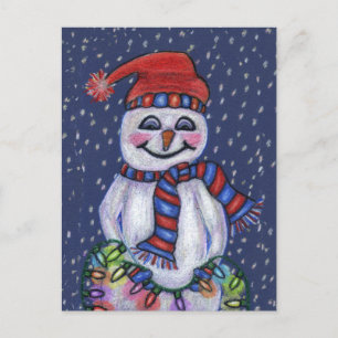 Jolly Snowman Hat Scarf With Christmas Lights Snow Postcard