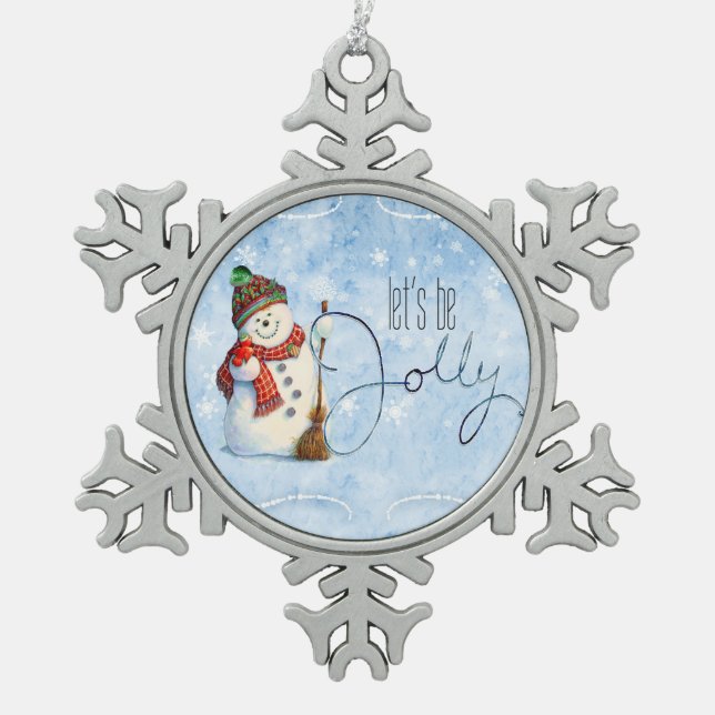 Jolly Snowman ID841 Snowflake Pewter Christmas Ornament (Front)