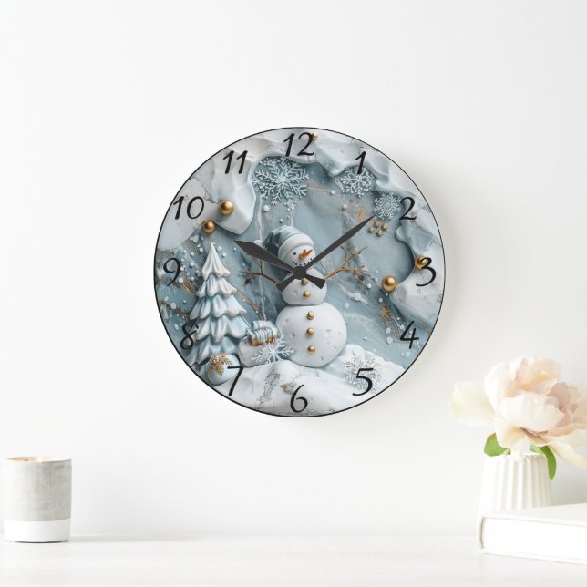 Jolly Snowman in Christmas Scene Large Clock (Home)
