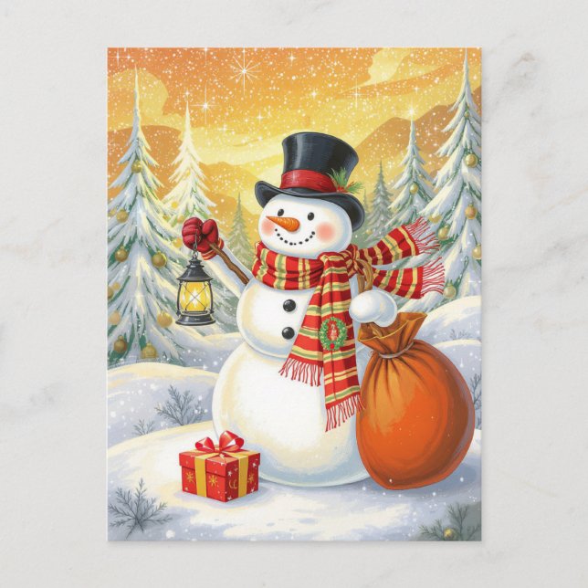 Jolly Snowman Lantern Gifts Snowy Forest Holiday Postcard (Front)