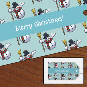 Jolly Snowman Merry Christmas Pixel Art Pattern Gift Tags