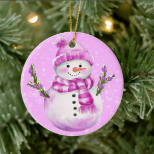 Jolly Snowman Pink Personalized Ceramic Tree Decoration