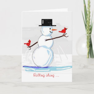 Jolly Snowman Red Cardinals Winter Greeting Card