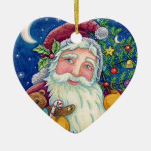 JOLLY ST NICK & TEDDYBEAR, OLD FASHIONED CHRISTMAS CERAMIC TREE DECORATION