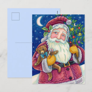 JOLLY ST NICK & TEDDYBEAR, OLD FASHIONED CHRISTMAS HOLIDAY POSTCARD