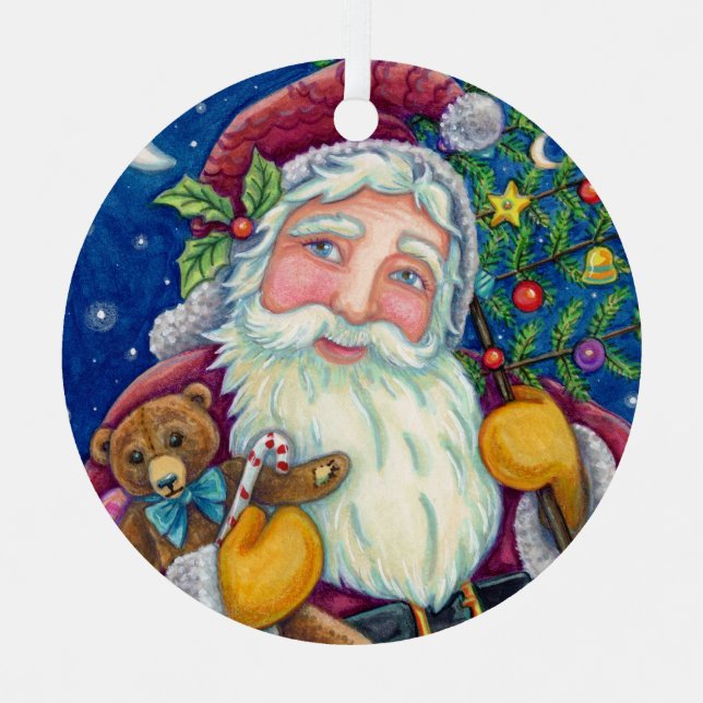 JOLLY ST NICK & TEDDYBEAR, OLD FASHIONED CHRISTMAS METAL TREE DECORATION (Front)