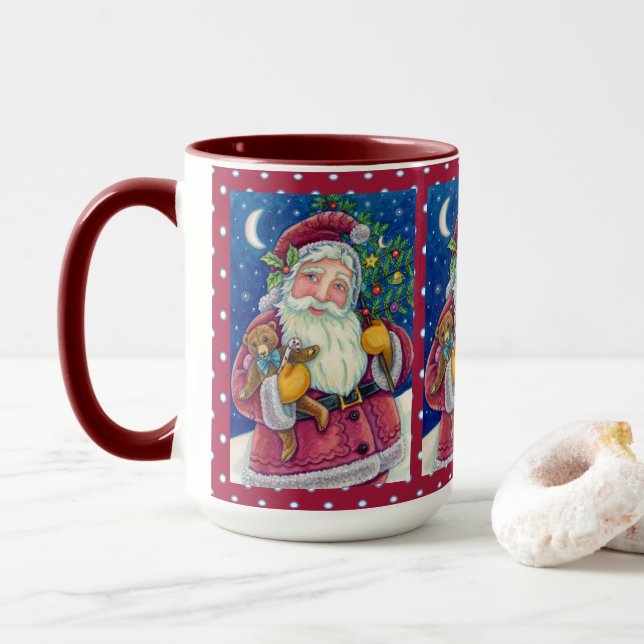 JOLLY ST NICK & TEDDYBEAR, OLD FASHIONED CHRISTMAS MUG (With Donut)