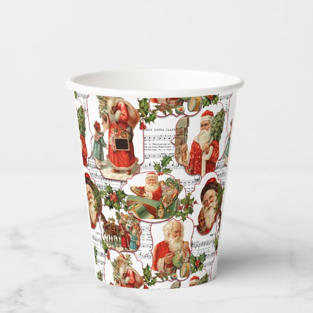Jolly Vintage Santa, Holly & Music Collage Paper Cups (Front)