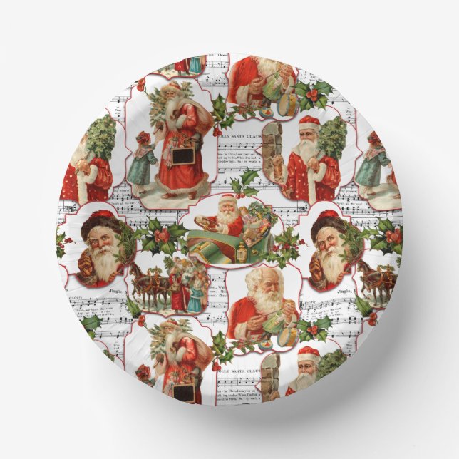 Jolly Vintage Santa, Holly & Music Collage Paper Plate (Front)
