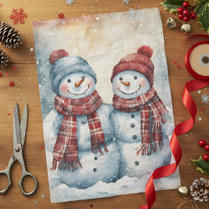 Jolly Watercolor Snowmen with Plaid Scarves Tissue Paper