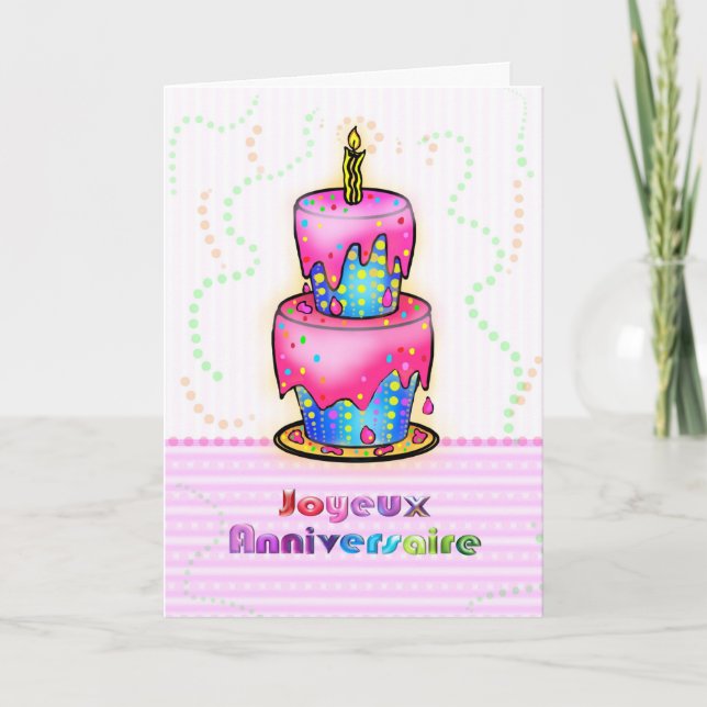 Jolyeux Anniversaire French Happy Birthday Cake Card (Front)