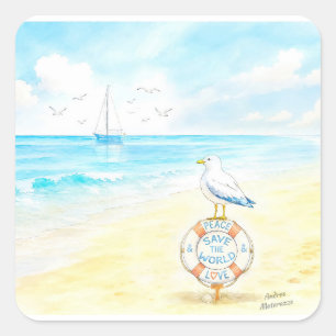 Jon Seagull - Peace & Love Save the World Square Sticker