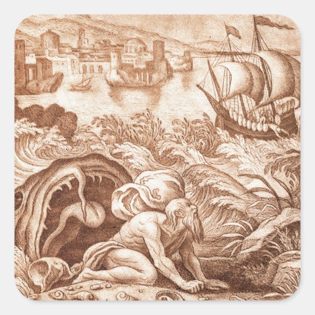 Jonah and the Whale, illustration from a Bible, en Square Sticker (Front)