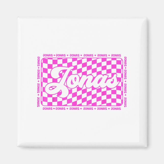 Jonas Chequered First Name I Love Jonas Hearts 80s Magnet (Front)