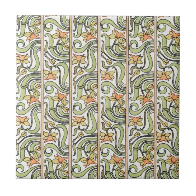 Jonquil Stripe Green Orange Art Nouveau  Tile (Front)
