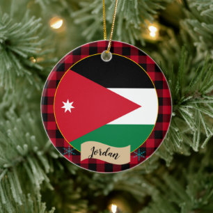 Jordan, Red buffalo plaid & Jordanian Flag Ceramic Tree Decoration