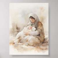 Joseph Holding Lamb and Baby Jesus Watercolor Art