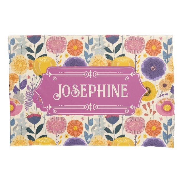 Josephine Colourful Purple and Yellow Modern Flora Pillowcase (Front)