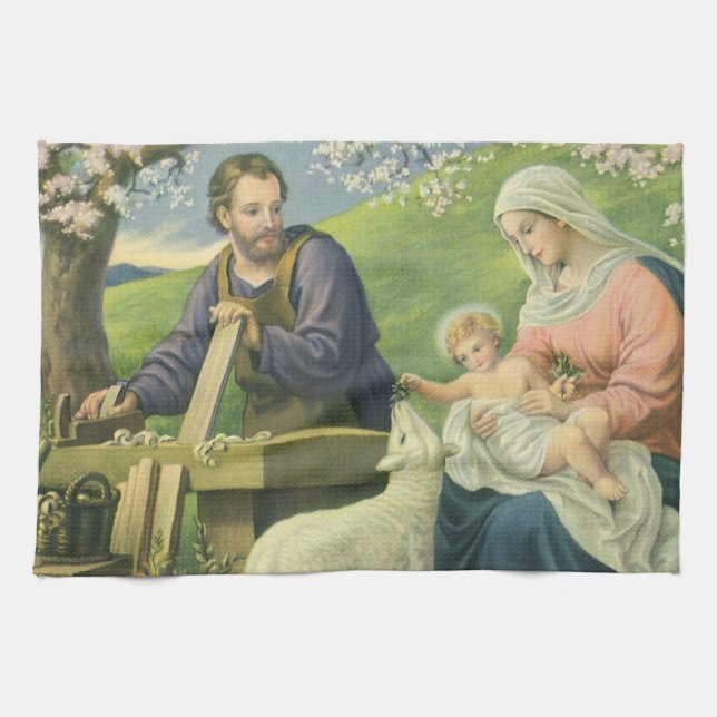 Joseph's Workshop with Mary and Baby Jesus Tea Towel (Horizontal)