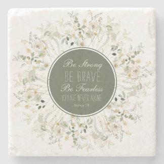 Joshua 1:9 Be Strong Green Wildflower Wreath Stone Coaster