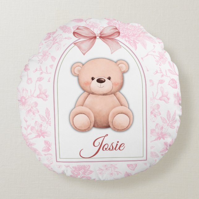 Josie | Custom Pink Teddy Bear Nursery Design  Round Cushion (Front)