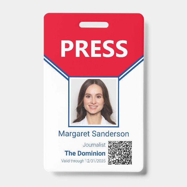 Journalist Photo ID and QR Code Press Badge (Front)