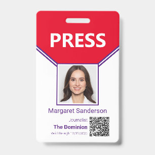 Journalist Photo ID and QR Code Press Pass Badge