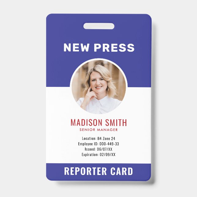 Journalist Press Pass  Photo ID  Badge (Front)