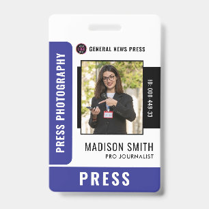 Journalist Press Pass  Photo ID  Badge