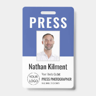Journalist Press Pass Photo Name Logo ID Blue Badge