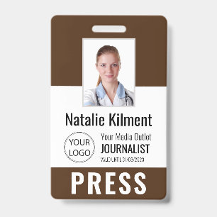 Journalist Press Pass Photo Name Logo ID Brown Badge