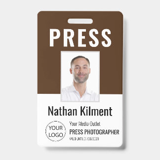 Journalist Press Pass Photo Name Logo ID Brown Badge