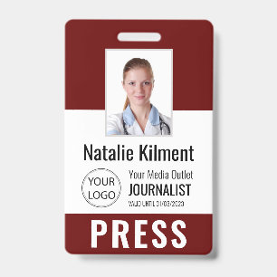 Journalist Press Pass Photo Name Logo ID Dark Red Badge