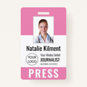 Journalist Press Pass Photo Name Logo ID Pink ID Badge