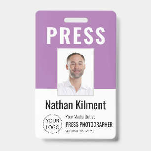 Journalist Press Pass Photo Name Logo ID Purple Badge