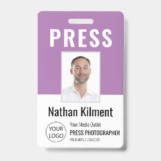 Journalist Press Pass Photo Name Logo ID Purple Badge
