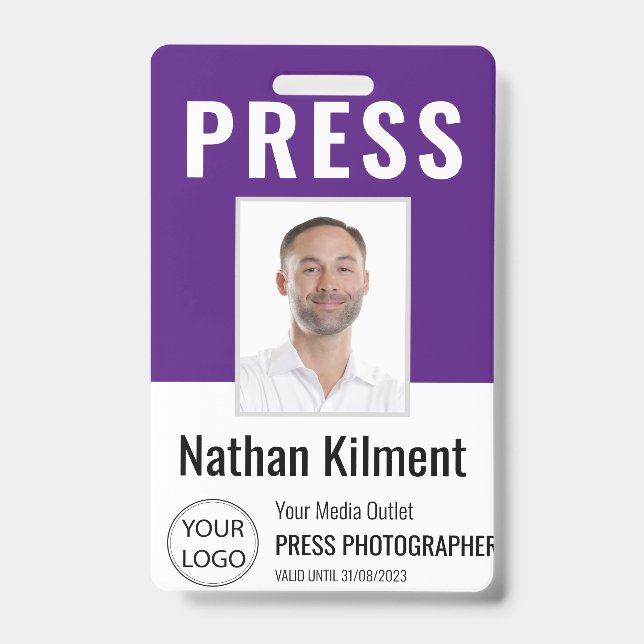 Journalist Press Pass Photo Name Logo ID Purple Badge (Front)
