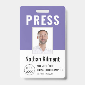 Journalist Press Pass Photo Name Logo ID Purple Badge