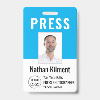 Journalist Press Pass Photo Name Logo ID Sky Blue Badge