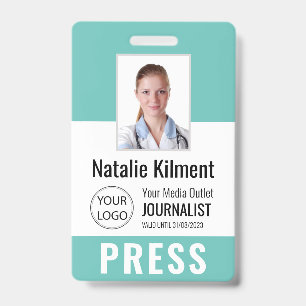 Journalist Press Pass Photo Name Logo ID Teal Badge